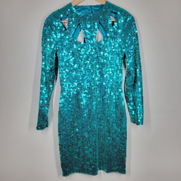 Niteline Dresses & Skirts - Vintage 80s 90s Nite Line Aqua Green Sequin Bodycon Cocktail Dress Cutout Neck 8